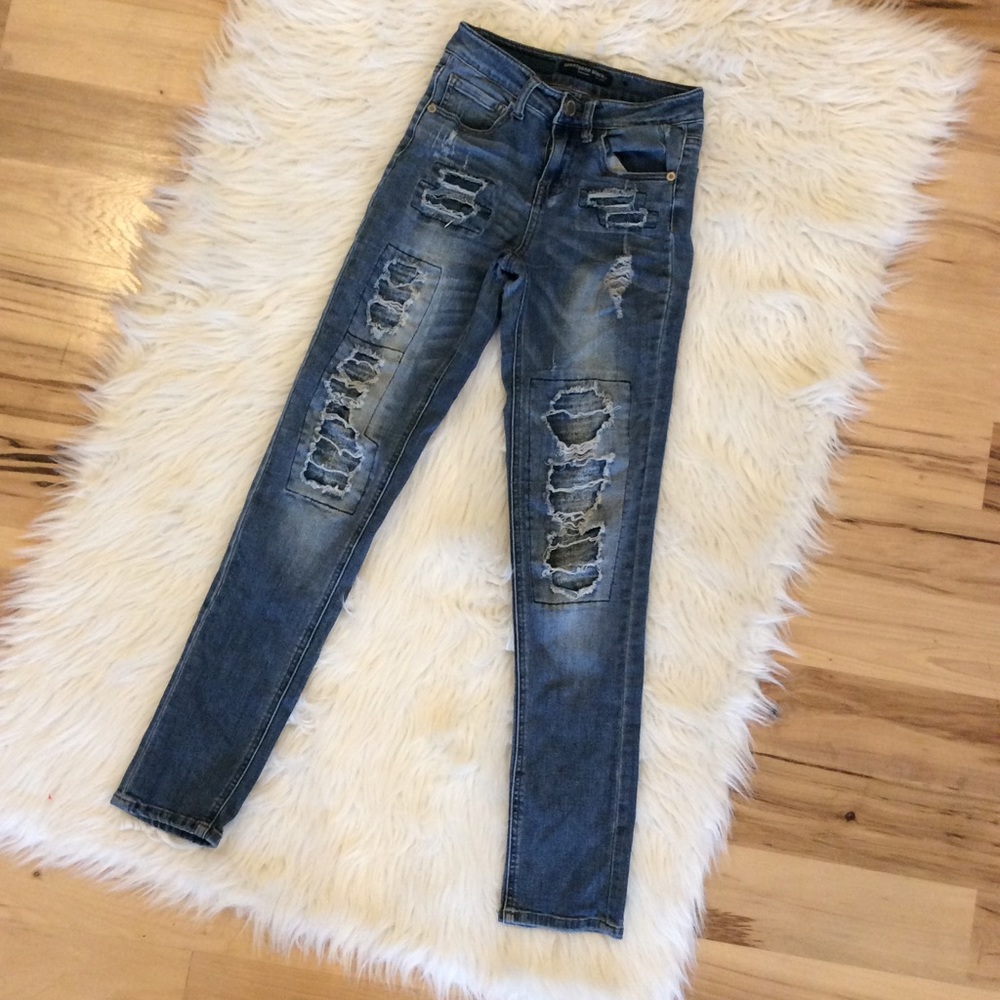 Midrise Skinny Flex Stretchy Jean Distress Denim 0